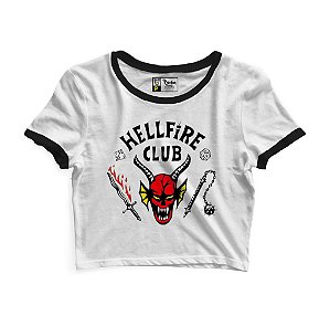 Cropped Feminino Manga Curta Estampado HellFire Branco Viés Preto