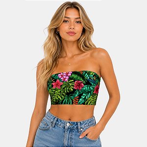 Top Faixa Cropped Suplex Estampado Coladinho no Corpo Com Forro Tie Dye Folhagens Olho