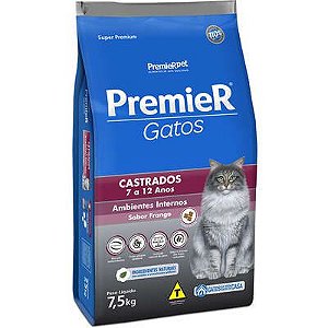 Ração Premier Gatos Ambientes Internos Castrados 7 a 12 Anos Frango 7,5Kg