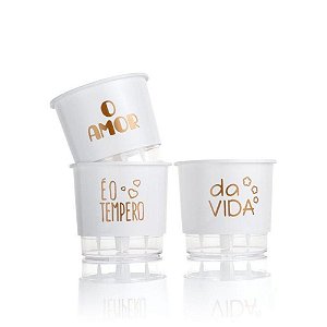 Conjunto 03 Vasos Autoirrigáveis Branco - Amor é o Tempero da Vida