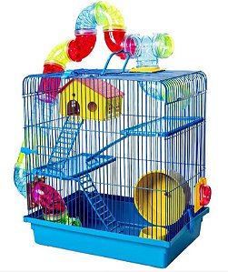 Gaiola Hamster 3 Andares Tubo Super Luxo Azul