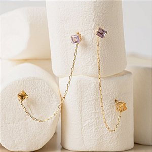 Brincos Duplos Twin Chain Ametistas e Citrinos