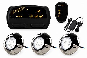 Kit 3 Refletores LED RGB 9W Inox LuxPool + Comando Wi-Fi e Fonte