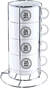 CONJUNTO DE XÍCARAS DE PORCELANA, ESTILO TORRE, COM SUPORTE DE METAL - 4 PEÇAS - 150ml