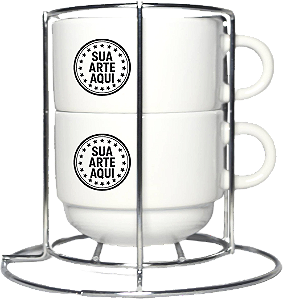 CONJUNTO DE XÍCARAS DE PORCELANA, ESTILO TORRE, COM SUPORTE DE METAL - 2 PEÇAS - 150ml