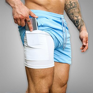 Shorts Fitness 2 Em 1 - Dry Fit E Térmico De Compressão - Esportivo Para Corrida E Treino  - Azul Celeste