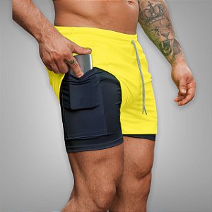 Shorts Fitness 2 Em 1 - Dry Fit E Térmico De Compressão - Esportivo Para Corrida E Treino  - Amarelo 