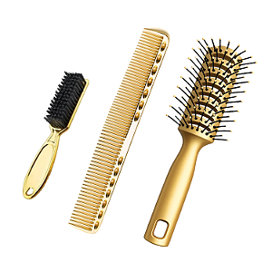 Kit Profissional para Barbeiro Escova de Cabelo Pompadora + Pente de Corte Metálico + Escovinha de Disfarce e Limpeza Do