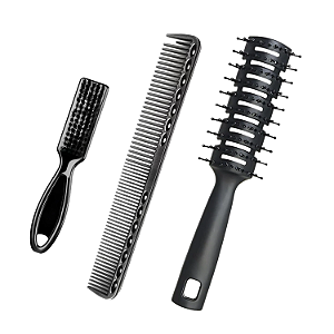 Kit Profissional para Barbeiro Escova de Cabelo Pompadora + Pente de Corte Metálico + Escovinha de Disfarce e Limpeza