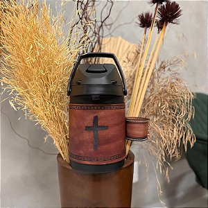 Garrafa Térmica Tereré 2,5L Cruz Revestida Couro Marrom Escuro Essential Line