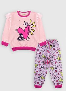 Conjunto Feminino Blusão E Calça De Moletom Com Babado Rosa/Nude