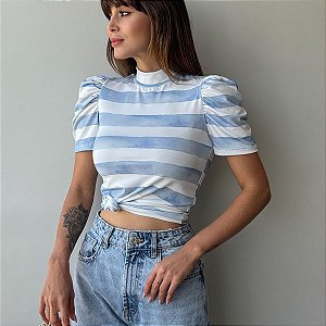 BLUSA PRINCESA GOLA ALTA TL LISTRADA BRANCO E AZUL