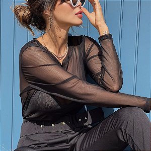 BLUSA TULE MANGA LONGA TL PRETO
