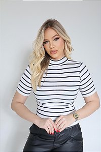 BLUSA RIBANA MANGA CURTA GOLA ALTA TL LISTRADO P&B