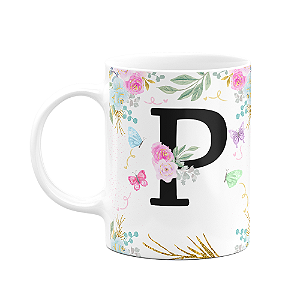 Caneca Floral - Inicial do nome letra P - 325ml