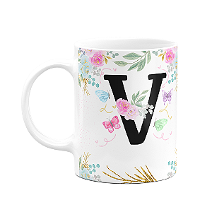 Caneca Floral - Inicial do nome letra V - 325ml
