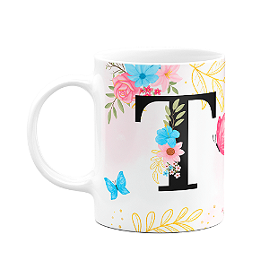 Caneca Floral Garden - Inicial do nome letra T - 325ml