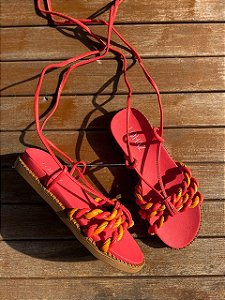 Sandália Rasteira Amarração Lohaz Vermelho/Laranja