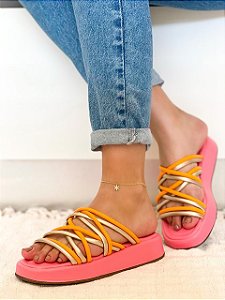 Tamanco Flat Form Tiras Lohaz Pink/Laranja/Ouro