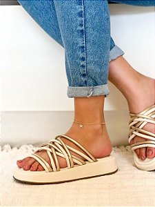 Tamanco Flat Form Tiras Lohaz Off White/Ouro