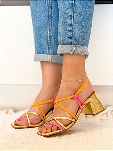 Sandália Salto Bloco Tiras Lohaz Pink/Laranja/Ouro