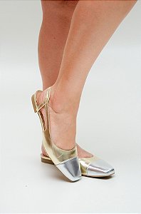 Sara - Sapatilha Feminina Slingback Bicolor Bico Quadrado Prata/Ouro