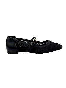 Laysa - Sapatilha Feminina Tela Vazada Boneca Tira Fivela Preto