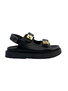 Vivi - Sandália Papete Feminina Tiras Velcro com Metal Ouro Preto