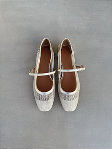 Laysa - Sapatilha Feminina Tela Vazada Boneca Tira Fivela Ouro