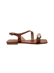 Nella - Sandália Feminina Rasteira Tiras Minimalista com Metal Ouro Caramelo