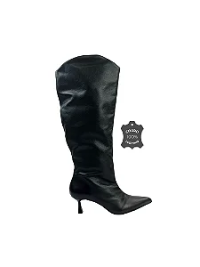 Alice - Bota Couro Cano Longo Bico Fino Salto Kitten Preto