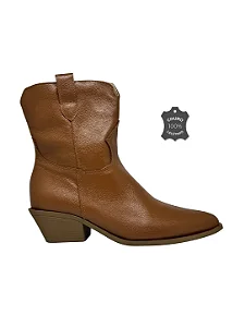 Asha - Bota Couro Western Cano Curto Caramelo