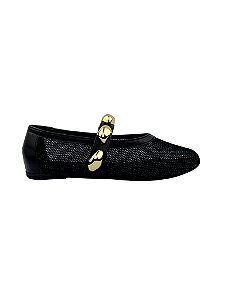 Estella - Sapatilha Feminina Tela Vazada Tira Metal Dourado Preto