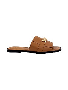 Salma - Tamanco Feminino Flat Rateiro Tira Gápea com Metal Ouro Caramelo