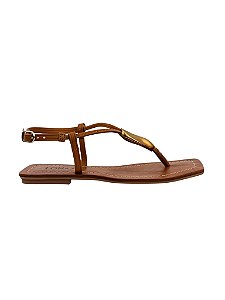 Belis - Sandália Feminina Rasteira Flat Tira Dedo com Metal Ouro Caramelo