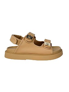 Vivi - Sandália Papete Feminina Tiras Velcro com Metal Ouro Bege