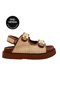Vivi - Sandália Papete Feminina em Ráfia Tiras Velcro com Metal Ouro Natural