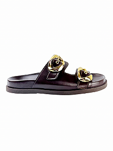 Kyra - Tamanco Birken Papete Feminino Fivelas Ouro Café