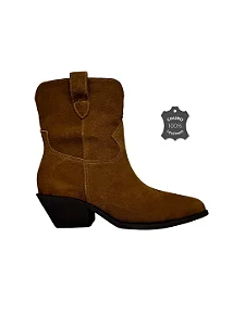 Asha - Bota Couro Camurça Western Cano Curto Castanho