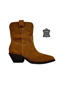 Asha - Bota Couro Camurça Western Cano Curto Castanho