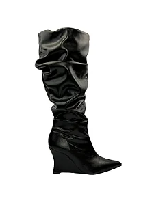 Elise - Bota Cano Longo Slouch Bico Fino Salto Anabela Preto
