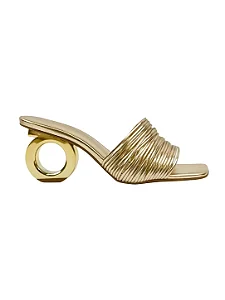 Solea - Tamanco Feminino Gáspea em Tiras Salto Geométrico Ouro
