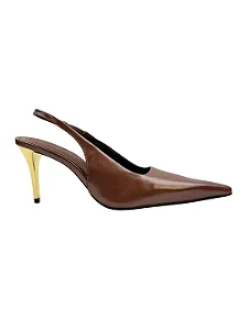 Izabel - Sapato Slingback Bico Fino Salto Fino em Metal Dourado Marrom