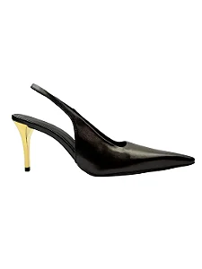 Izabel - Sapato Slingback Bico Fino Salto Fino em Metal Dourado Preto
