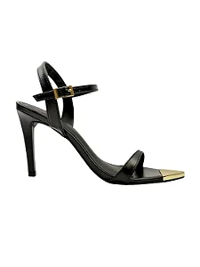 Jenna - Sandália Salto Fino Tiras Ponteira Metálica Preto