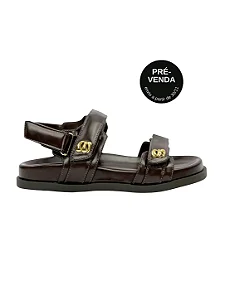 PRÉ-VENDA | Amanda - Sandália Papete Feminina Tiras em Velcro Metal Ouro Café