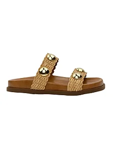 Zita - Tamanco Birken Feminino Tiras em Ráfia Metal Ouro Natural