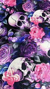 Cetim Estampado Caveiras e Rosas