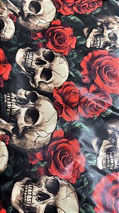Cetim Estampado Caveiras e Rosas