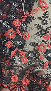 Tule Preto com Vermelho Bordado